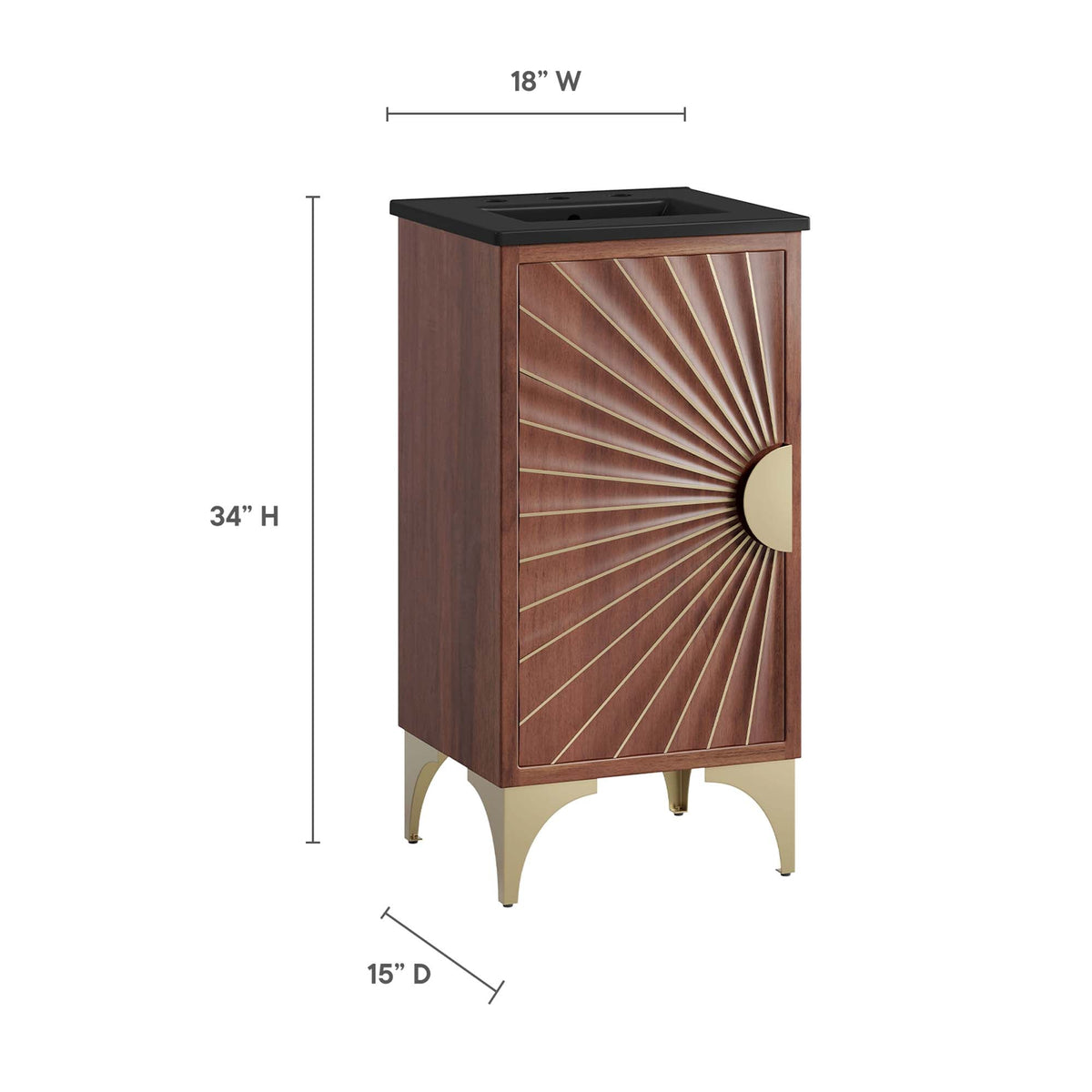 Daylight Bathroom Vanity by Modway, wood cabinet with sunburst veneer, black top, gold legs on Tampa Home & Garden Store