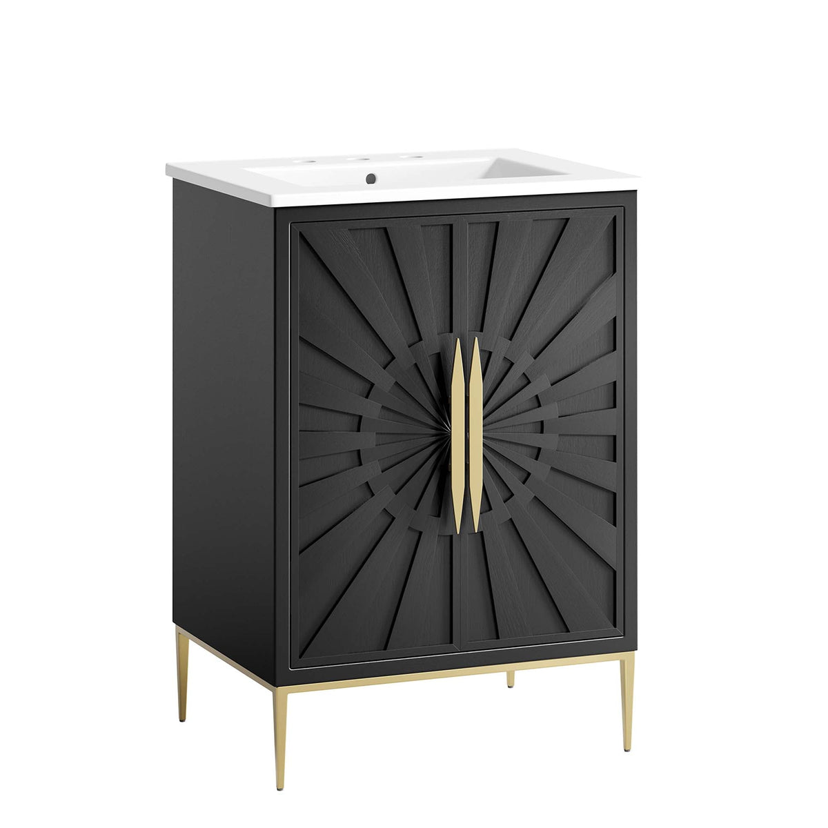 Awaken bathroom vanity by Modway with black sunburst cabinet, white countertop, gold legs on Tampa Home & Garden Store