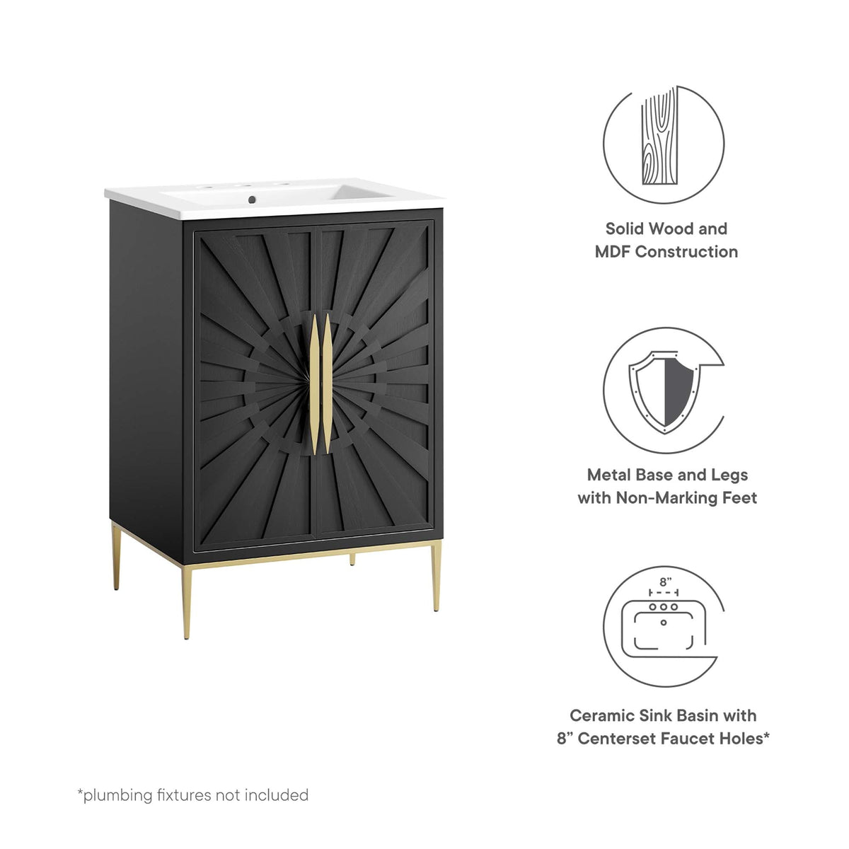 Awaken bathroom vanity by Modway in black wood with sunburst doors, white sink, gold legs on Tampa Home & Garden Store