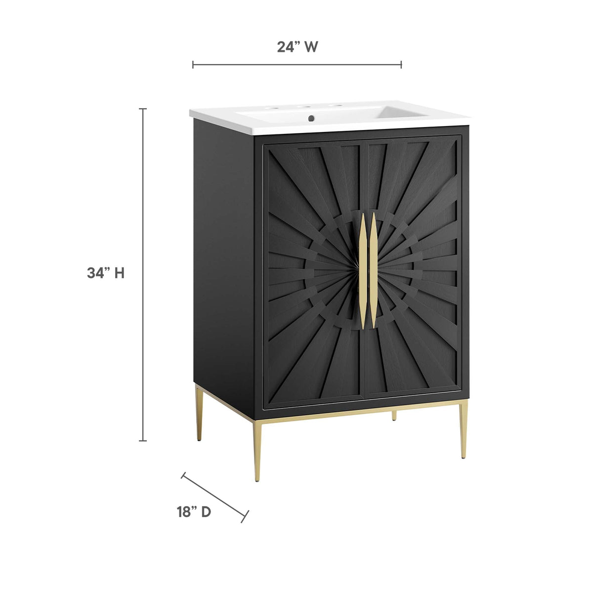 Awaken bathroom vanity by Modway, black sunburst cabinet with white countertop and gold legs on Tampa Home & Garden Store