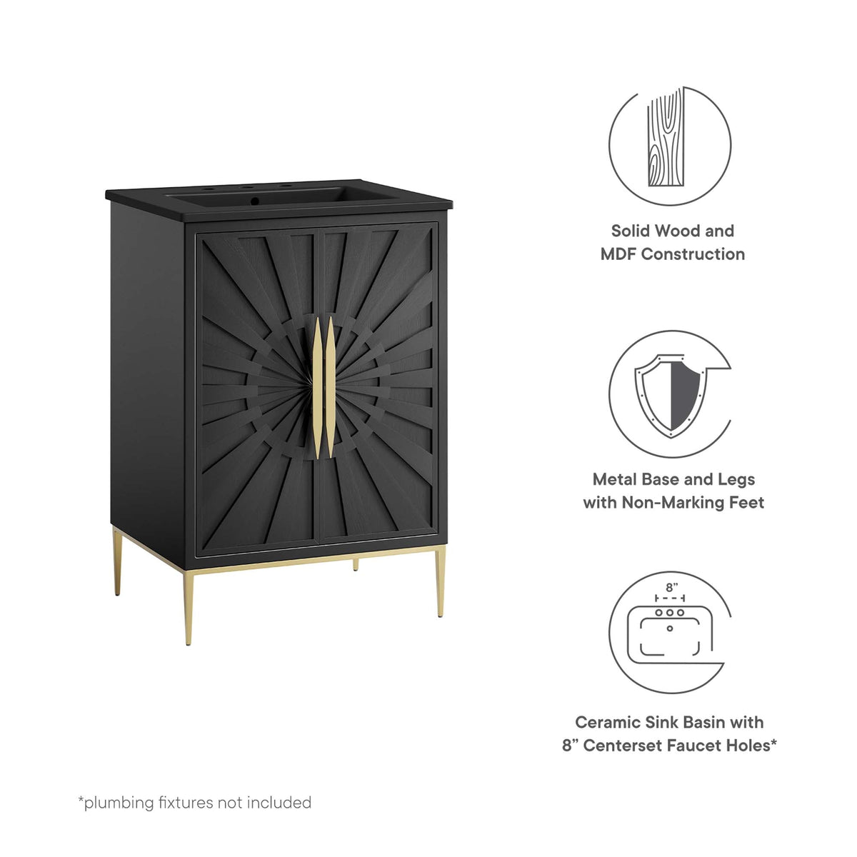 Awaken bathroom vanity in matte black with sunburst doors and gold legs on Tampa Home & Garden Store