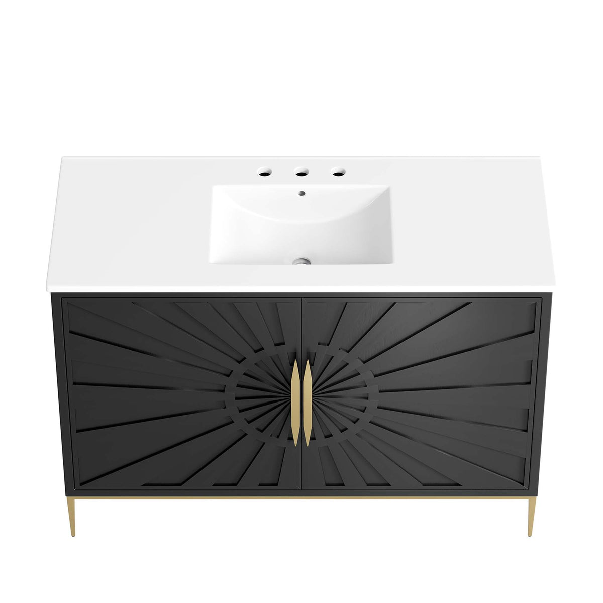 Awaken bathroom vanity white countertop over black sunburst cabinet with gold legs HouseOfZazla on Tampa Home & Garden Store