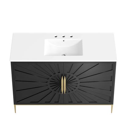 Awaken bathroom vanity white countertop over black sunburst cabinet with gold legs HouseOfZazla on Tampa Home & Garden Store