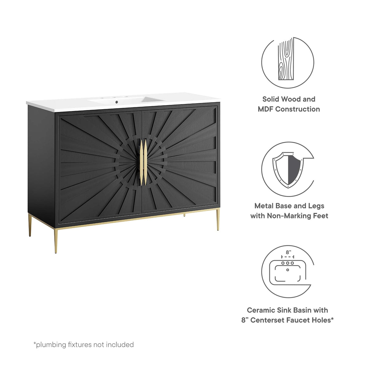 Awaken bathroom vanity by Modway, black sunburst cabinet with white top and gold legs on Tampa Home & Garden Store