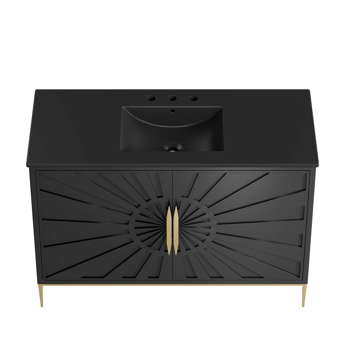 Awaken bathroom vanity by Modway, black cabinet with sunburst doors and gold hardware, slim legs on Tampa Home & Garden Store