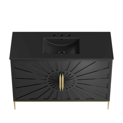 Awaken bathroom vanity by Modway, black cabinet with sunburst doors and gold hardware, slim legs on Tampa Home & Garden Store