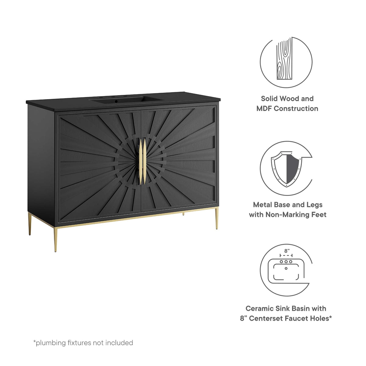 Awaken Bathroom Vanity by Modway, black cabinet with sunburst panel, gold handles and legs on Tampa Home & Garden Store