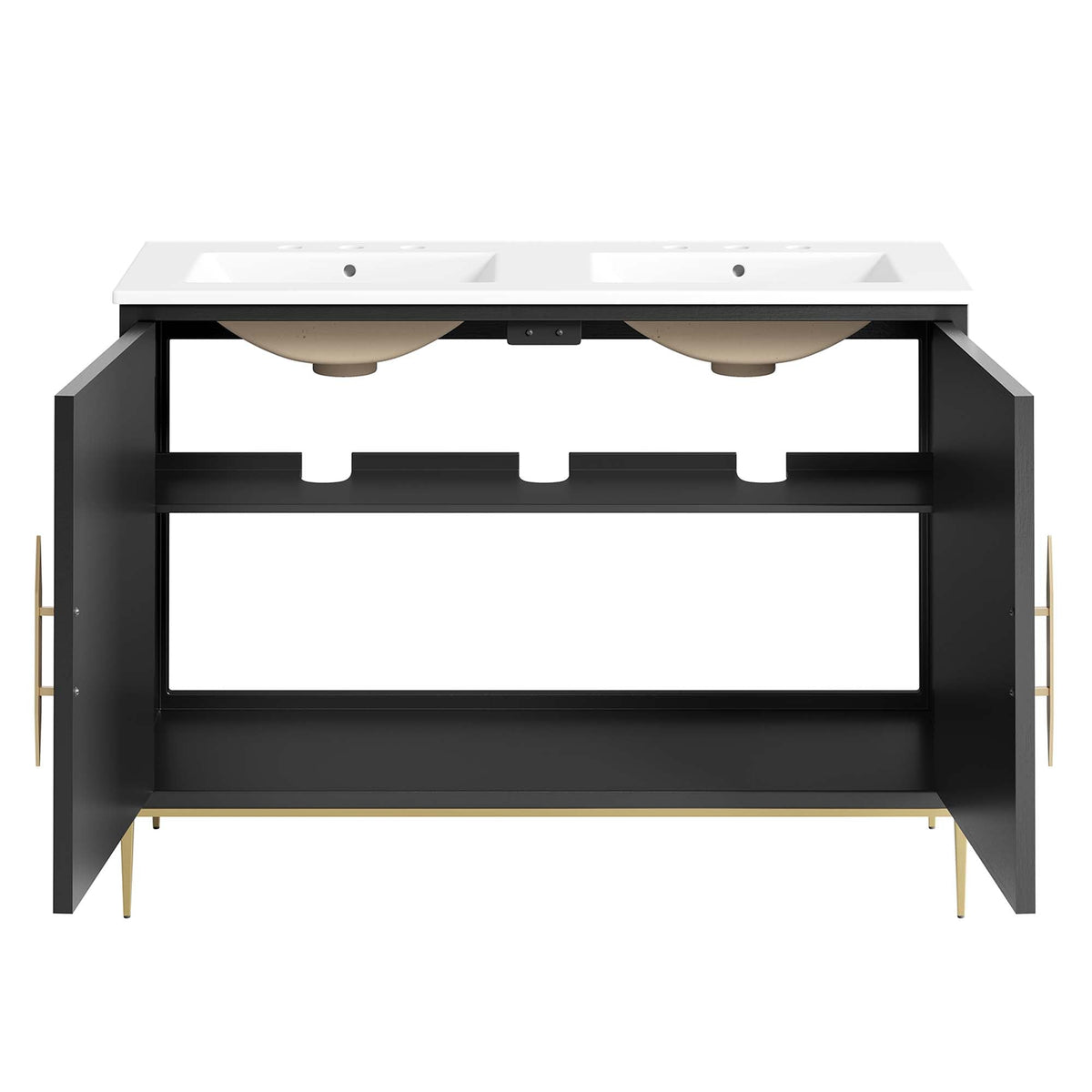 Awaken double sink bathroom vanity with white countertop, black metal frame, and gold legs on Tampa Home & Garden Store