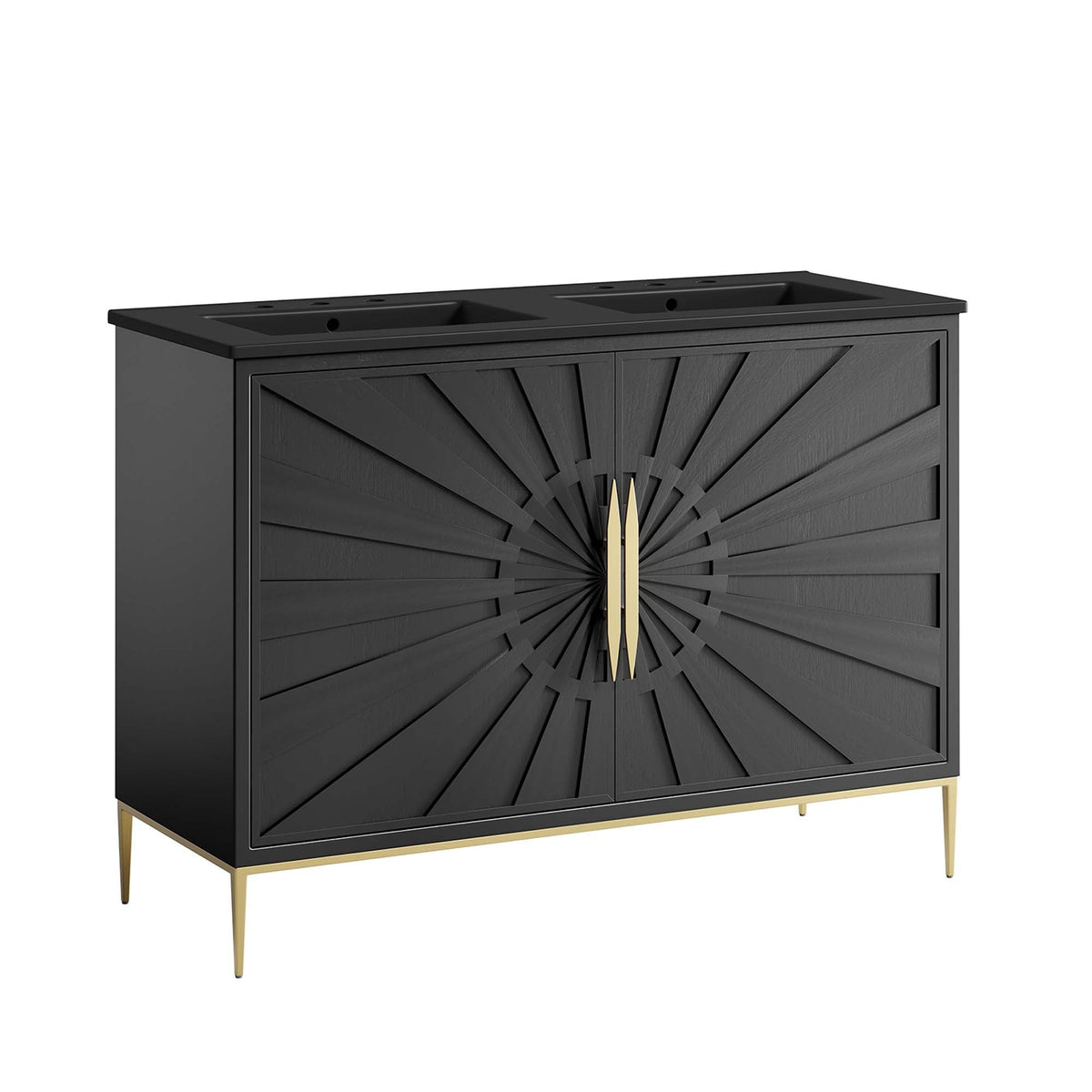 Awaken double sink vanity by Modway in black with sunburst front and gold hardware on Tampa Home & Garden Store