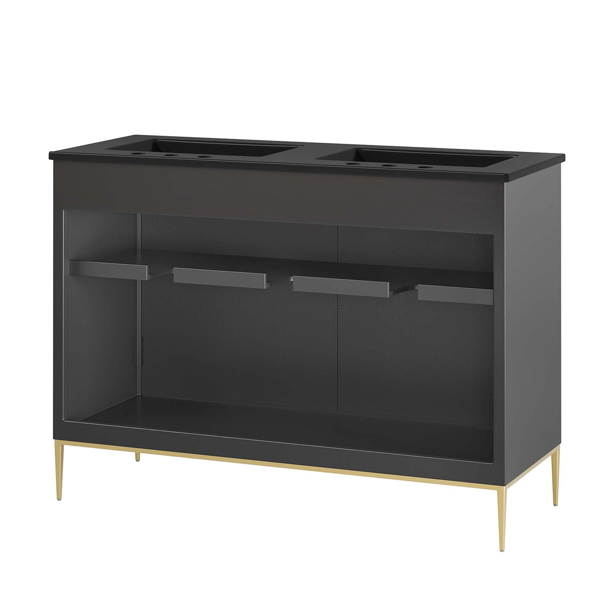 Awaken double sink vanity by HouseOfZazla, charcoal-black cabinet with 2 sinks and gold legs on Tampa Home & Garden Store
