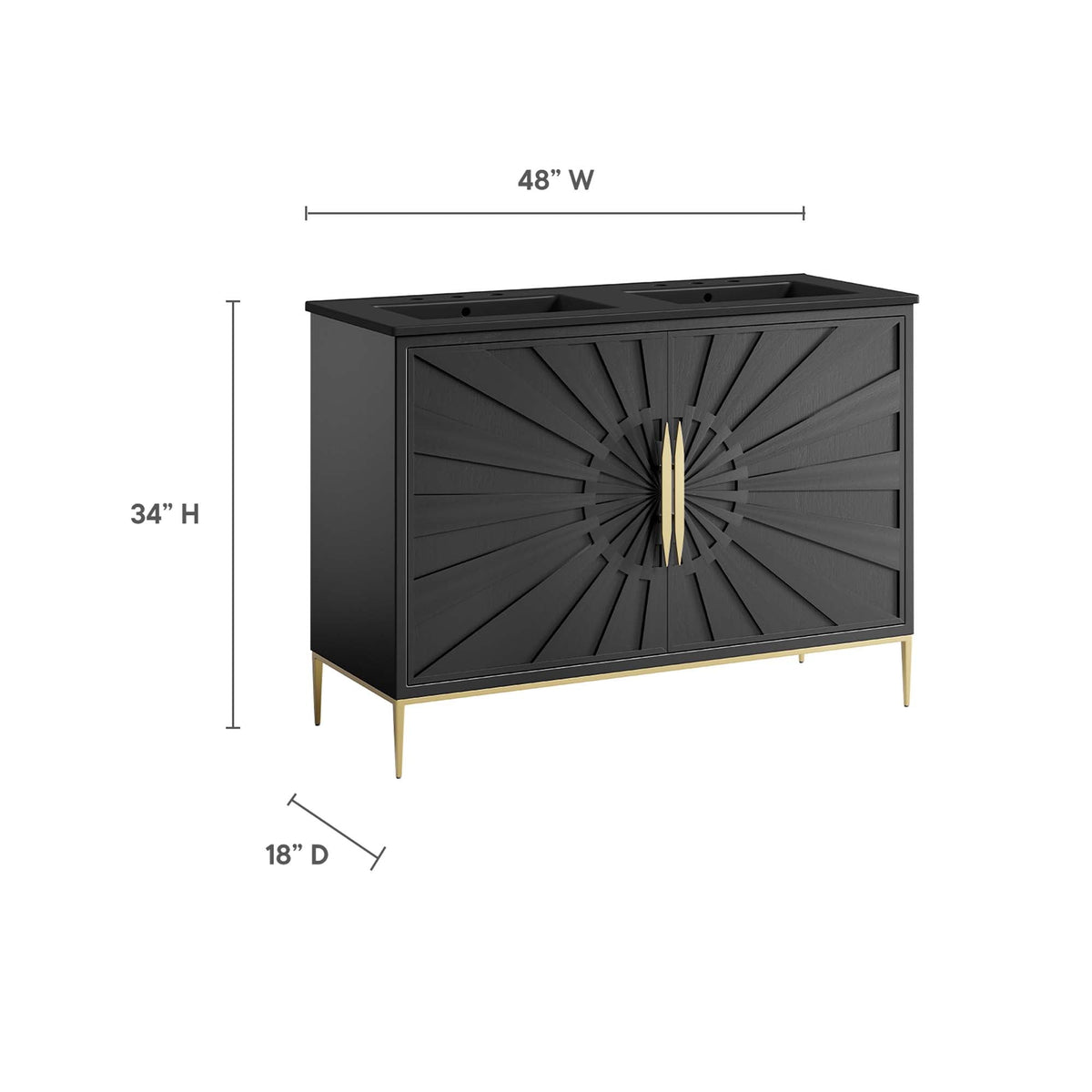 Awaken Double Sink Bathroom Vanity in black with sunburst doors, gold-tone hardware, 48 in wide on Tampa Home & Garden Store