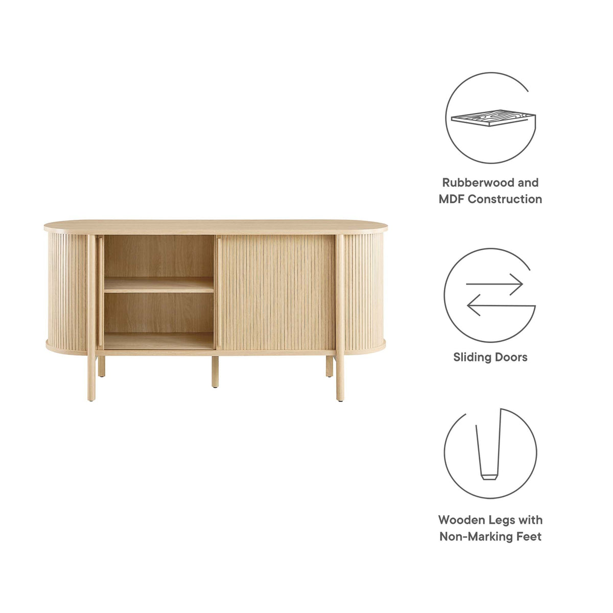 Cadence 63in curved sideboard in natural rubberwood with slatted front and open shelves on Tampa Home & Garden Store