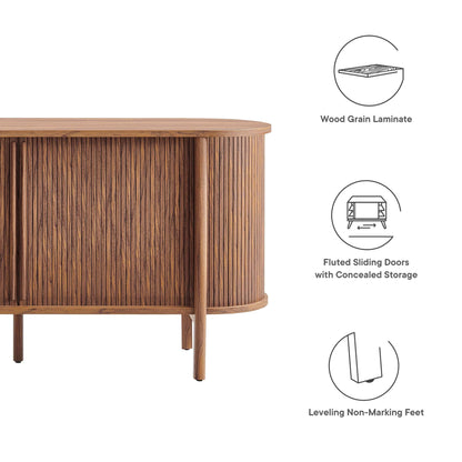 Cadence 63-inch curved sideboard in wood grain laminate with vertical slat front on Tampa Home & Garden Store