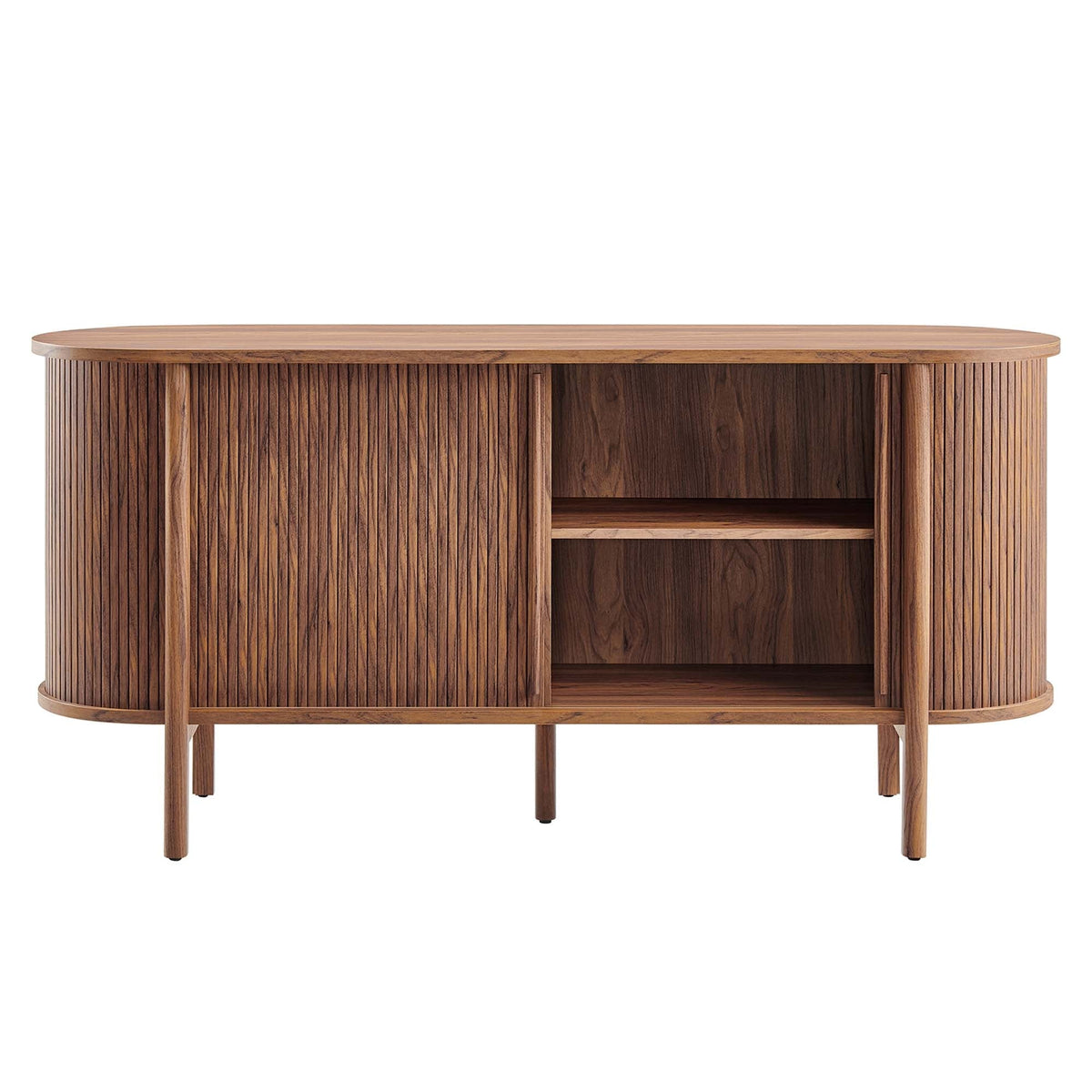 Cadence 63 curved sideboard by Modway in warm walnut with vertical slats and open shelf on Tampa Home & Garden Store