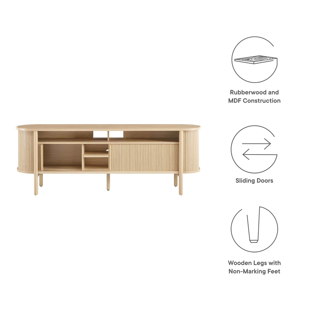Cadence curved TV stand by Modway natural rubberwood with slatted sides and open storage on Tampa Home & Garden Store