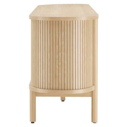 Cadence 71in curved TV stand with vertical slat wood panels in natural finish on Tampa Home & Garden Store