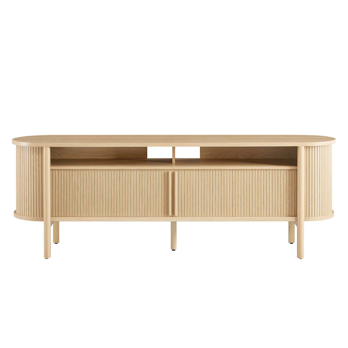 Cadence 71in curved TV Stand by Modway, natural wood with oval top, slatted sides, open shelf on Tampa Home & Garden Store