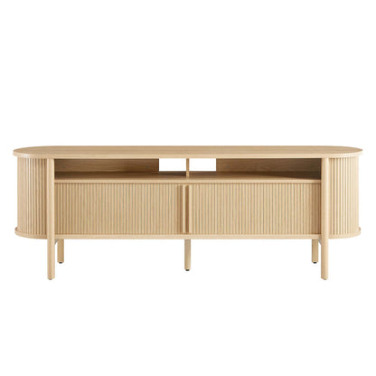 Cadence 71in curved TV Stand by Modway, natural wood with oval top, slatted sides, open shelf on Tampa Home & Garden Store