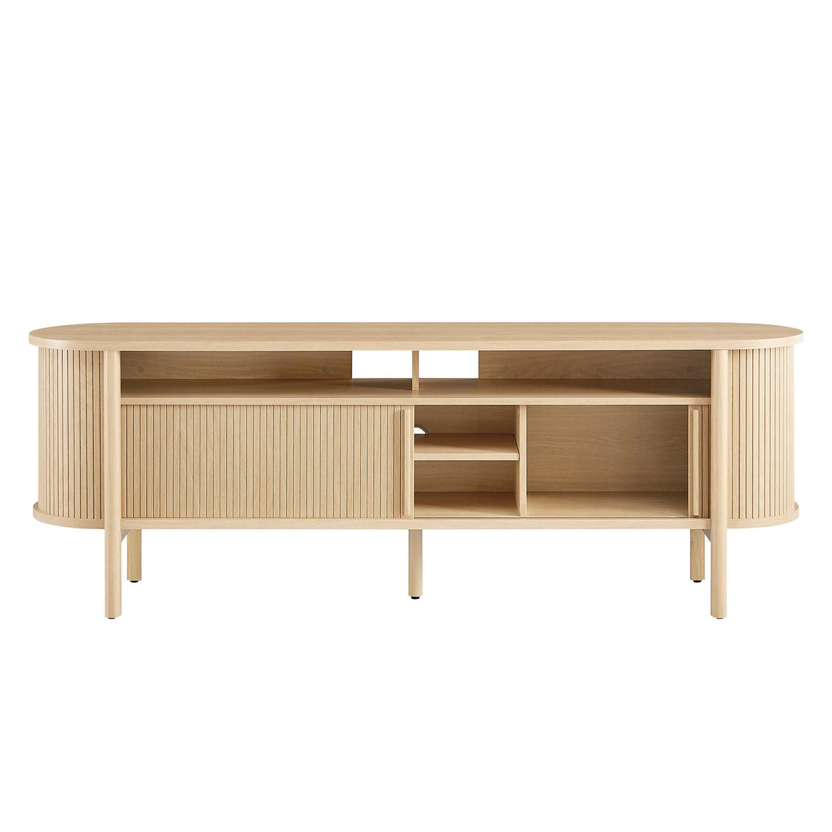Cadence 71in curved TV stand in natural wood with slatted sides and open shelves on Tampa Home & Garden Store