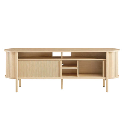 Cadence 71in curved TV stand in natural wood with slatted sides and open shelves on Tampa Home & Garden Store