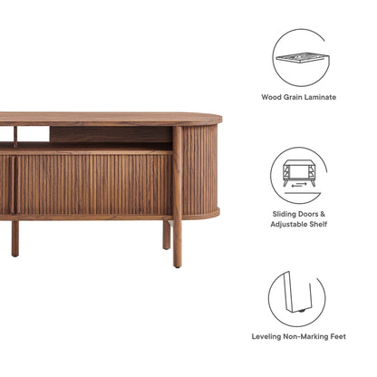 Cadence 71in curved TV stand with wood grain laminate and slat-front panels on Tampa Home & Garden Store