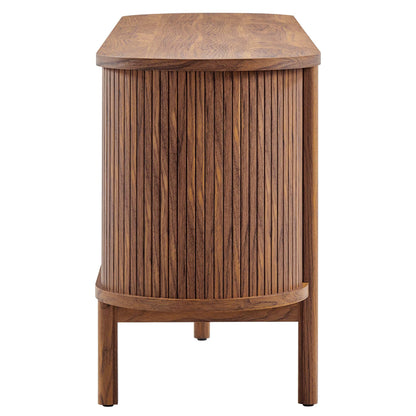 Cadence 71in curved TV stand with vertical wooden slats in walnut finish by Modway on Tampa Home & Garden Store
