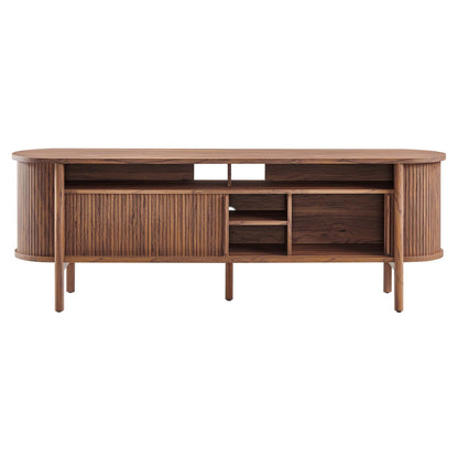 Cadence 71in curved TV stand in warm wood finish with vertical slat panels and open shelves on Tampa Home & Garden Store