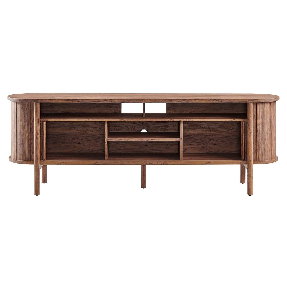 Cadence 71-inch curved TV stand by Modway in warm wood finish with slatted sides and open shelves on Tampa Home & Garden Store
