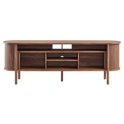Cadence 71-inch curved TV stand by Modway in warm wood finish with slatted sides and open shelves on Tampa Home & Garden Store