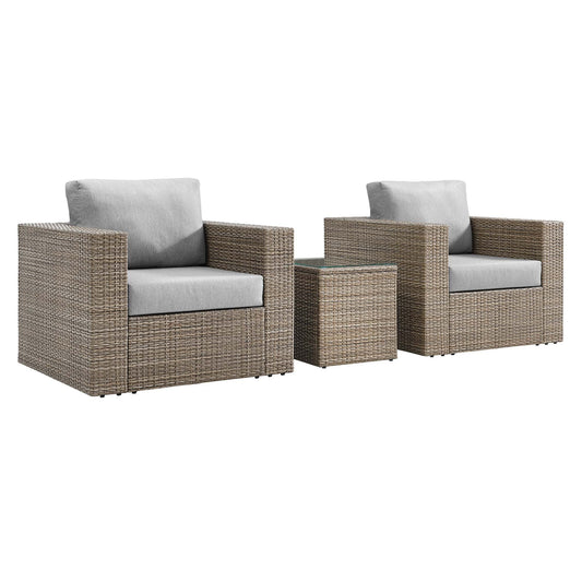 Convene 3-Piece Outdoor Patio Set with brown wicker and gray cushions, glass table in lounge on Tampa Home & Garden Store