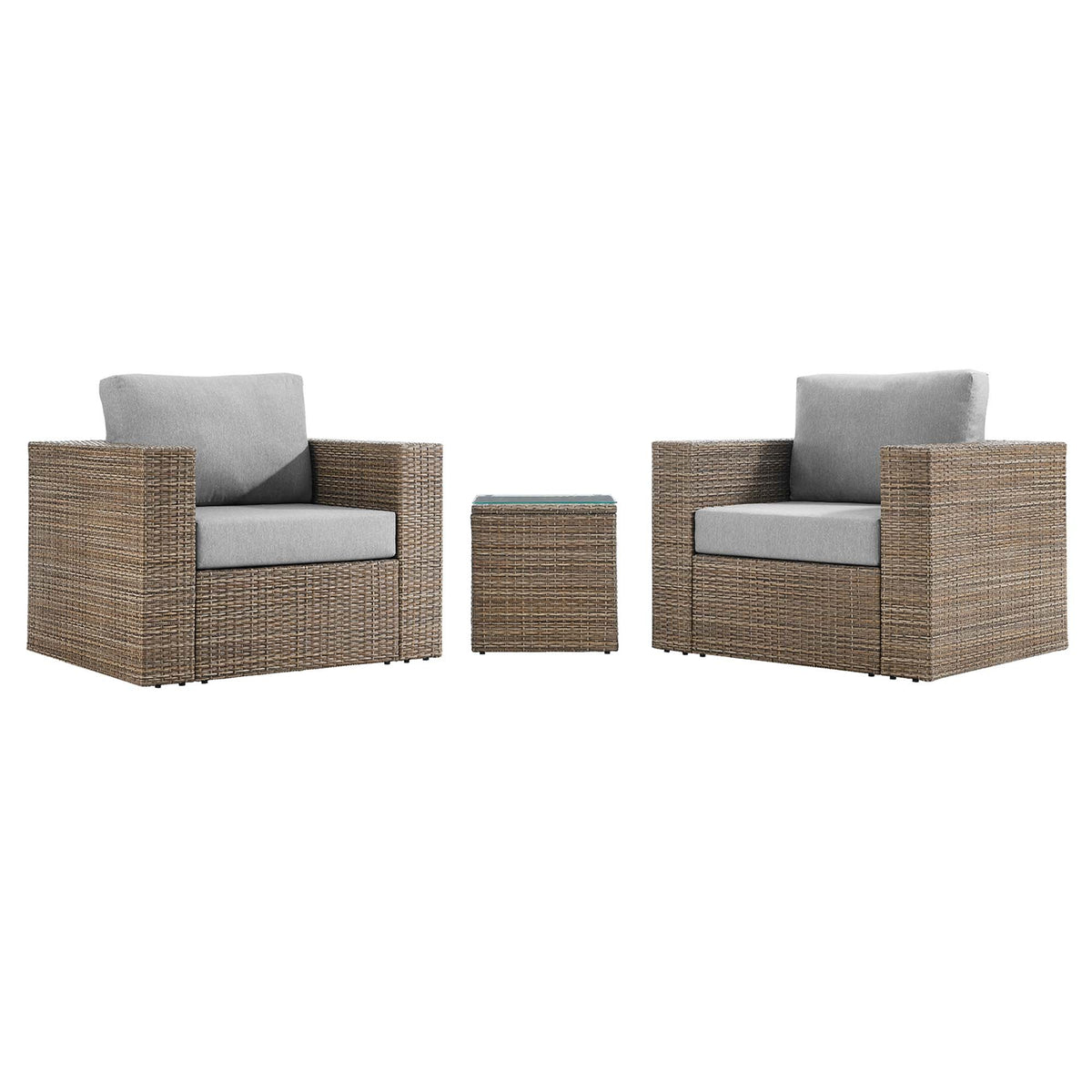 Convene 3-Piece outdoor wicker sofa set with gray cushions and glass-top side table, 2 chairs on Tampa Home & Garden Store