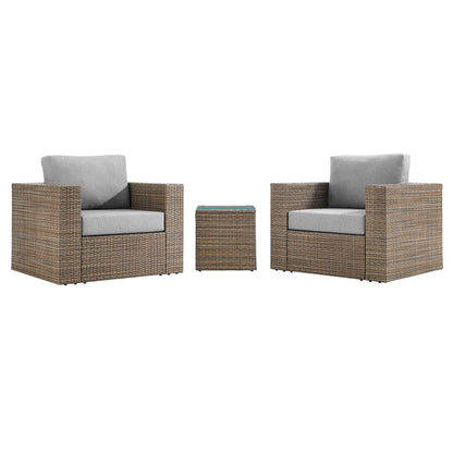Convene 3-Piece outdoor wicker sofa set with gray cushions and glass-top side table, 2 chairs on Tampa Home & Garden Store