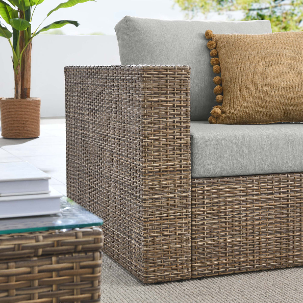 Convene 3-Piece outdoor wicker patio set by Modway with gray cushions and tan tassel pillow on Tampa Home & Garden Store