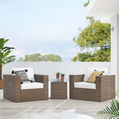 Convene 3-Piece Outdoor Set by HouseOfZazla, brown wicker, white cushions, coffee table on Tampa Home & Garden Store