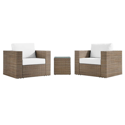 Convene 3-Piece patio set wicker chairs with white cushions and glass table HouseOfZazla on Tampa Home & Garden Store