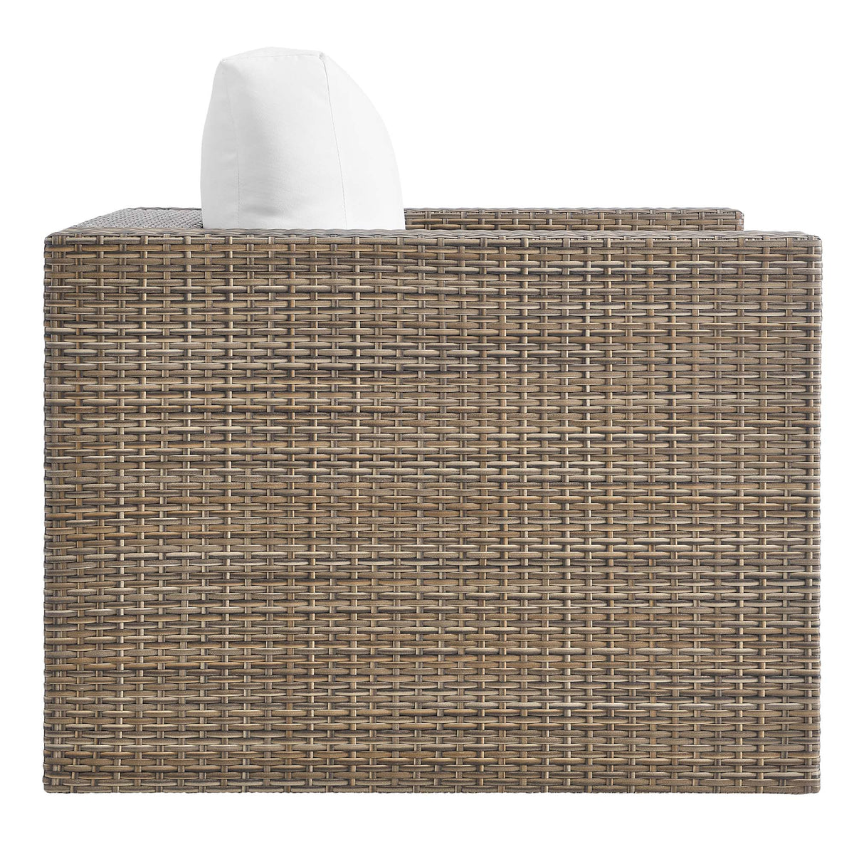 Convene 3-Piece Outdoor Patio Furniture Set wicker sofa with cushions, brown rattan weave on Tampa Home & Garden Store