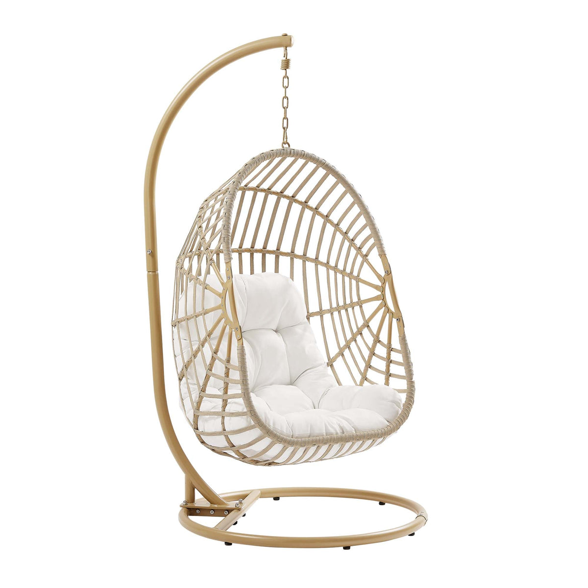 Amalie wicker rattan outdoor swing chair with cream cushions on circular gold stand on Tampa Home & Garden Store