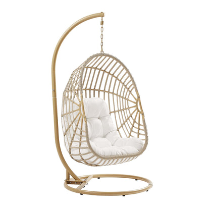 Amalie wicker rattan outdoor swing chair with cream cushions on circular gold stand on Tampa Home & Garden Store