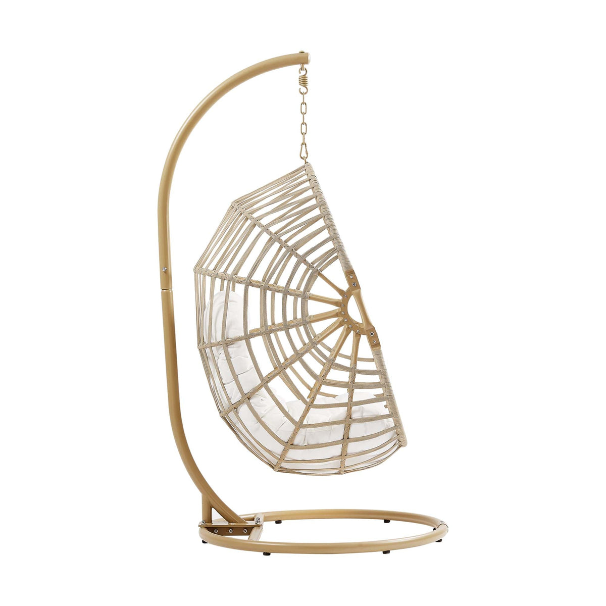Amalie Wicker Rattan outdoor swing chair with beige woven seat on curved gold metal frame on Tampa Home & Garden Store