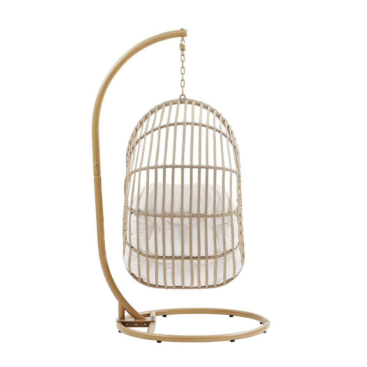 Amalie Wicker Rattan outdoor swing chair with curved beige stand and woven basket frame cushion on Tampa Home & Garden Store
