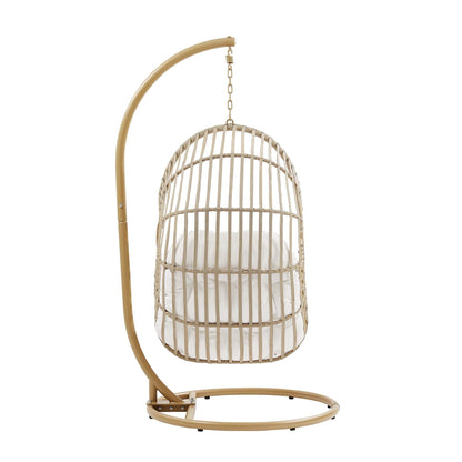 Amalie Wicker Rattan outdoor swing chair with curved beige stand and woven basket frame cushion on Tampa Home & Garden Store