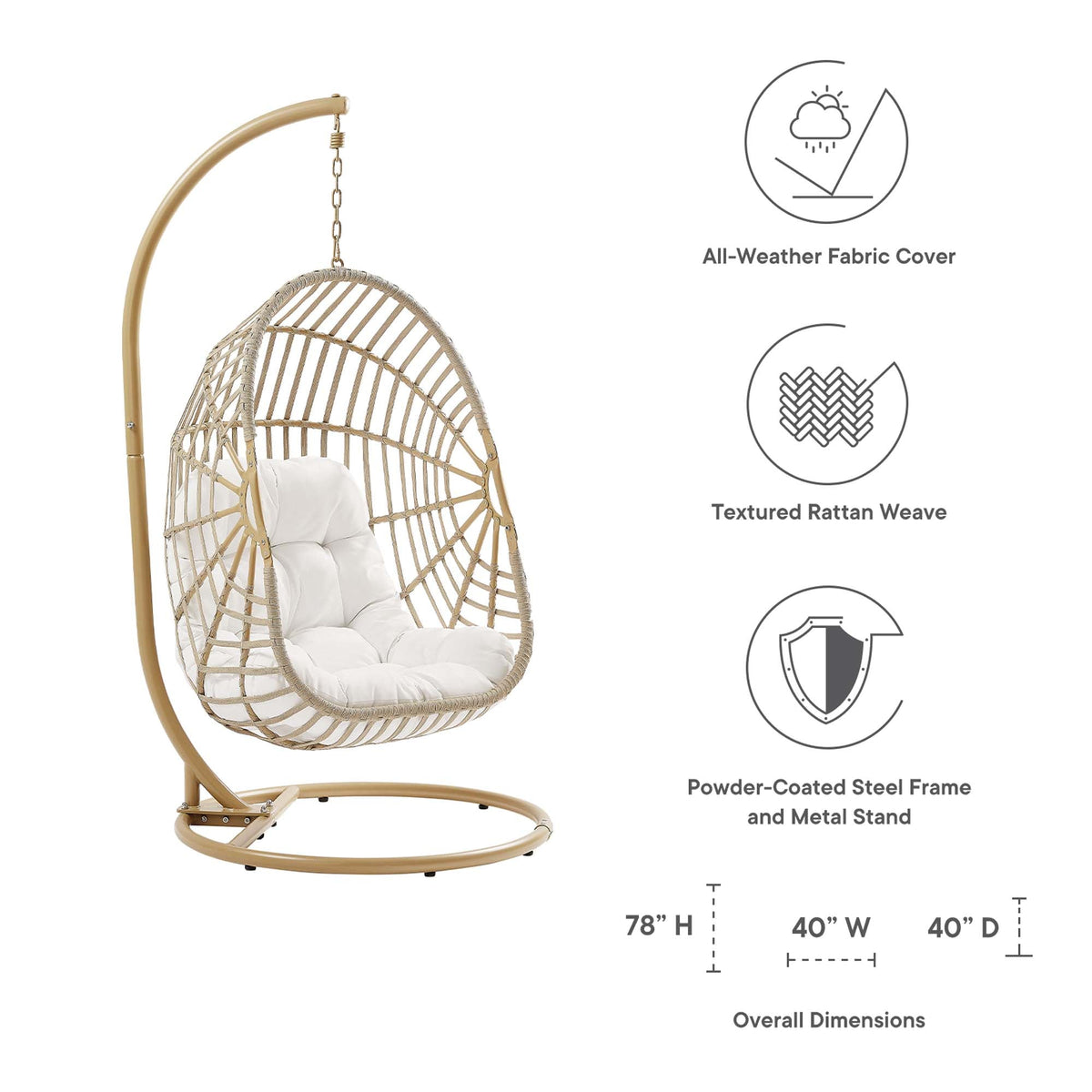 Amalie Wicker Rattan Outdoor Swing Chair with white cushions on curved steel stand on Tampa Home & Garden Store