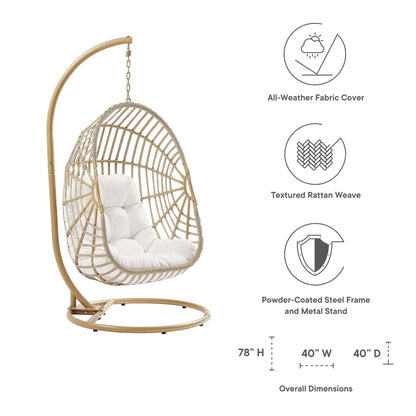 Amalie Wicker Rattan Outdoor Swing Chair with white cushions on curved steel stand on Tampa Home & Garden Store
