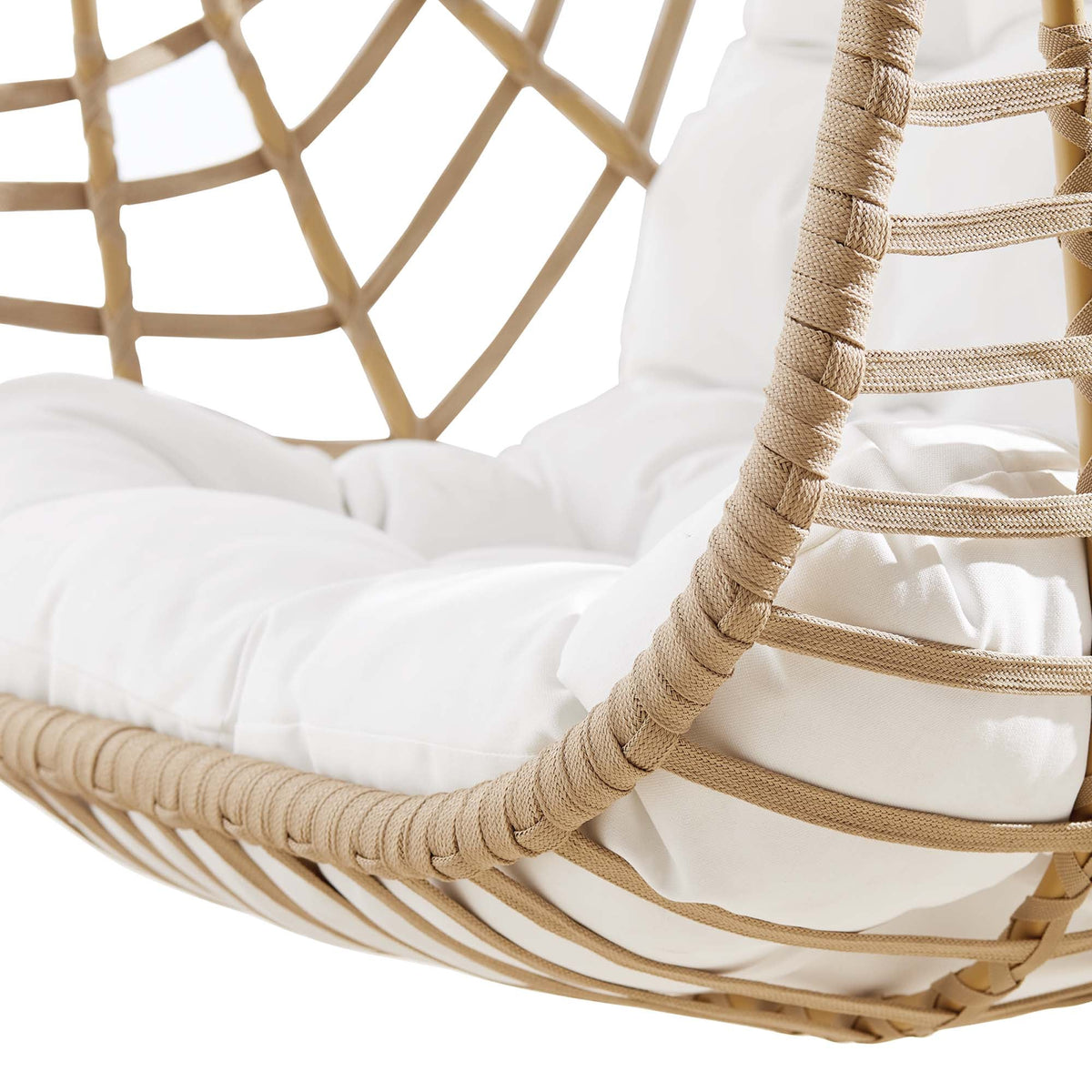 Amalie Wicker Rattan Outdoor Swing Chair by Modway with natural wicker frame and white cushions on Tampa Home & Garden Store