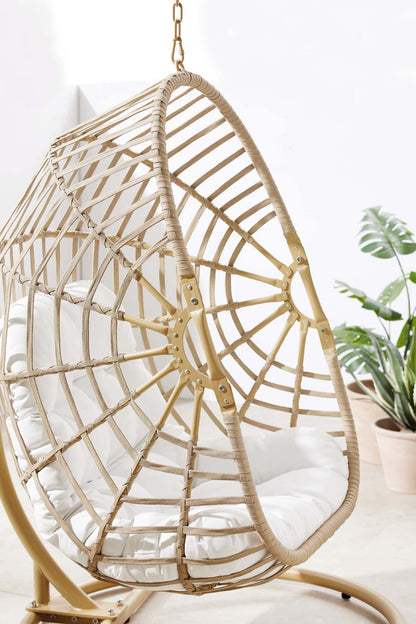Amalie Wicker Rattan outdoor swing chair by Modway with beige woven frame and white cushion on Tampa Home & Garden Store
