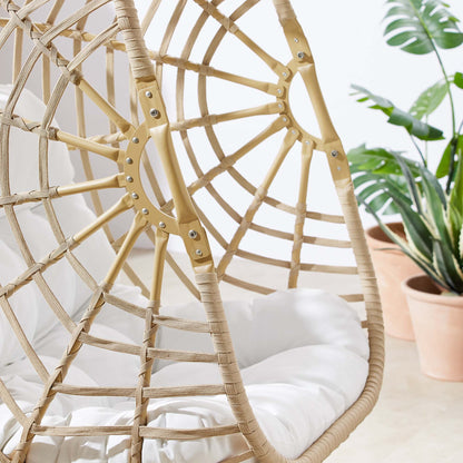 Amalie wicker rattan outdoor swing chair by Modway with white cushions and beige lattice frame on Tampa Home & Garden Store