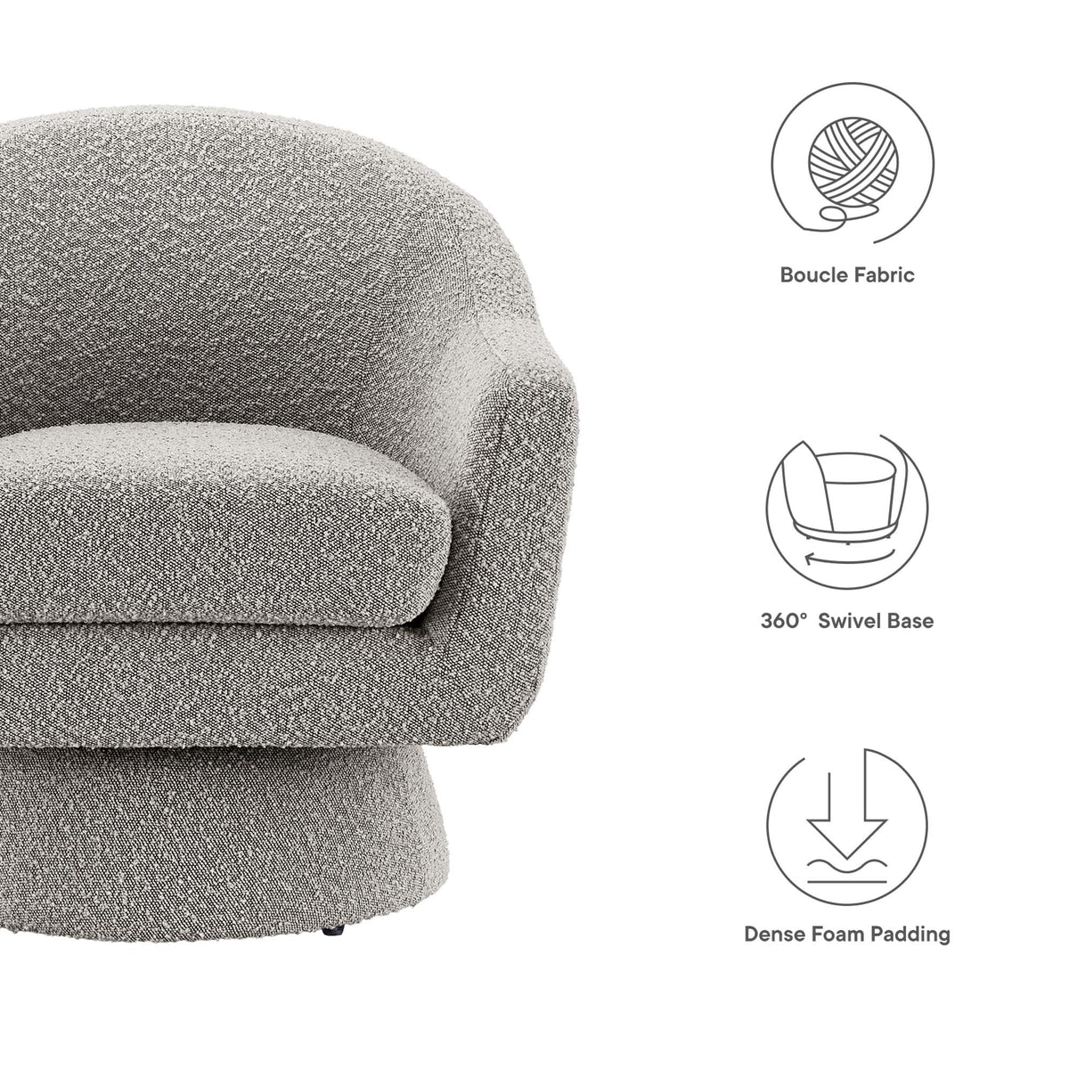 Astral Boucle Fabric Swivel Chair with gray boucle upholstery, dense foam padding on Tampa Home & Garden Store