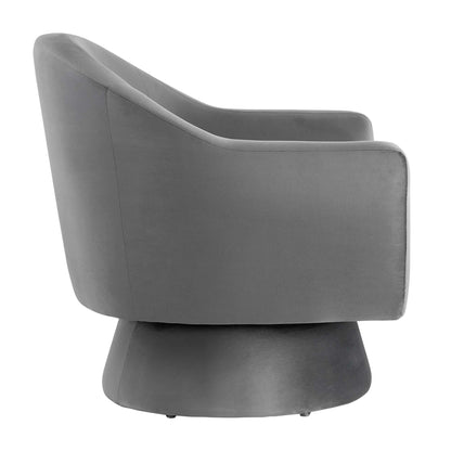 Astral performance velvet swivel accent chair in gray with a rounded wooden base on Tampa Home & Garden Store