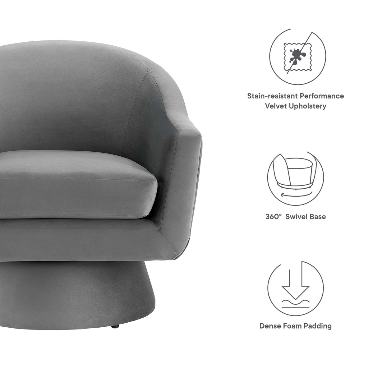 Gray velvet accent chair with stain-resistant upholstery and 360° swivel base on Tampa Home & Garden Store