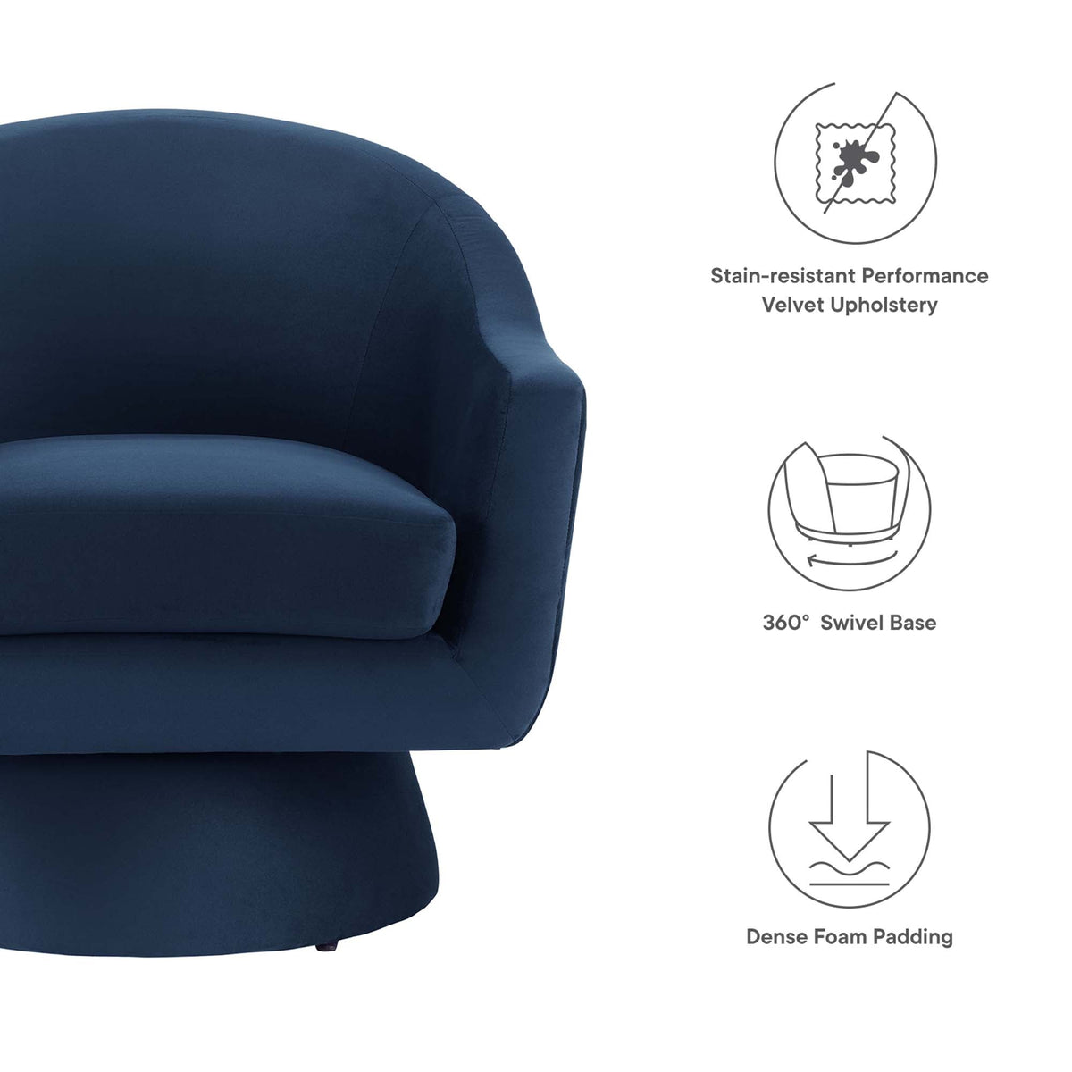 Astral Performance Velvet Swivel Chair navy velvet with curved back and wood base on Tampa Home & Garden Store